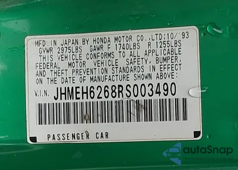 1994 Honda Civic Del Sol Si from USA, damaged, VIN JHMEH6268RS003490